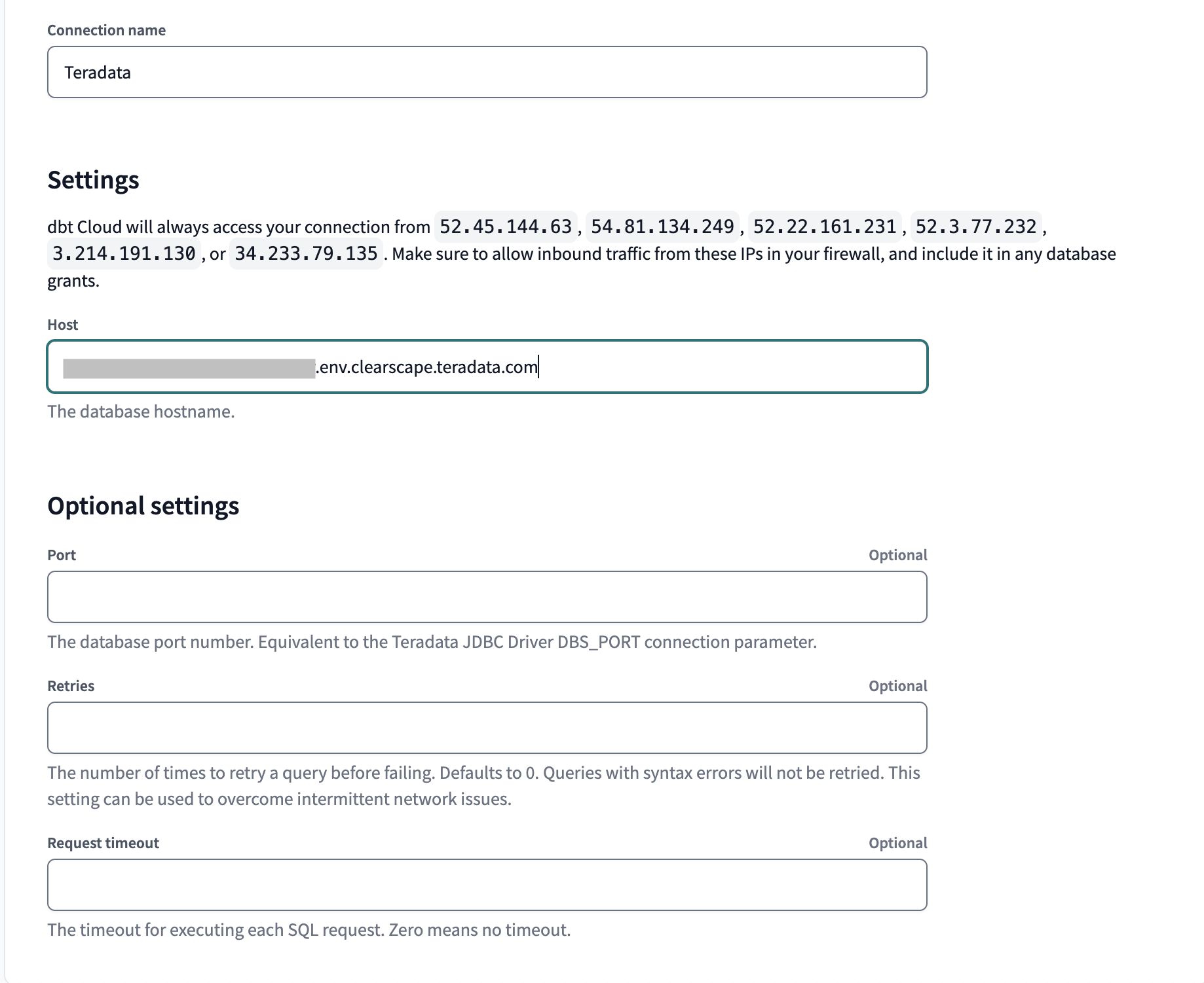 Example of the Teradata connection fields.